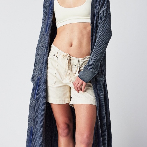 Free People Harley Cardi Hoodie Ribbed Knit Button Up Slouchy Blue - Picture 2 of 5